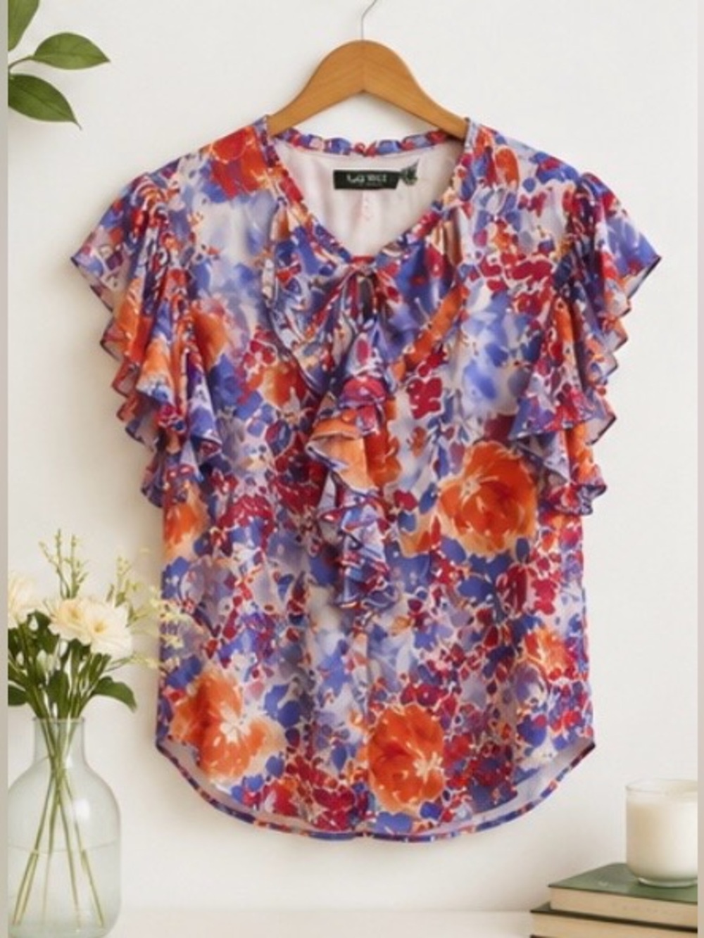 Ralph Lauren Floral Ruffle Blouse V-Neck Colorful Size 1X